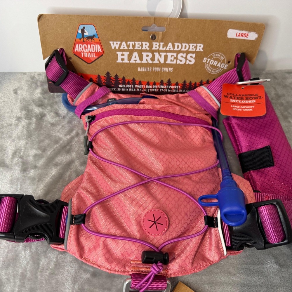 Dog Harness Arcadia Trail Water Bladder Hydration Set Pink Large Bowl New